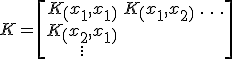 $K = \left[\begin{array}{cccc}
K\(x_1,x_1\) & K\(x_1,x_2\) & . & . & .\\
K\(x_2,x_1\)\\
.\\
.\\
.
\end{array}\right]$